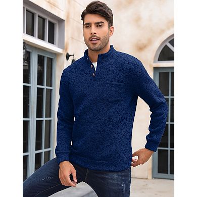 Men's Knit Fleeced Sweatshirts Henley Neck Tops Winter Thermal Sweat Shirts Button Mens Pullovers