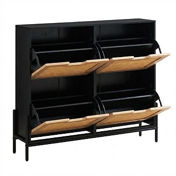 Shoe Cabinet, Rattan Narrow Freestanding Shoe Storage Organizer Cabinet with 4 Flip Drawers