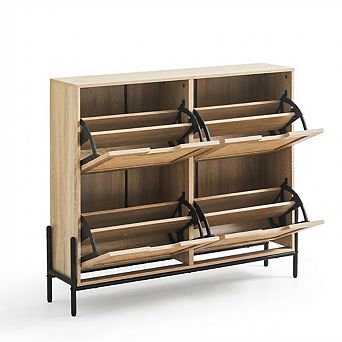 Shoe Cabinet, Rattan Narrow Freestanding Shoe Storage Organizer Cabinet with 4 Flip Drawers