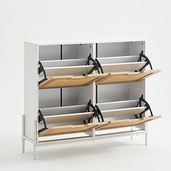 Shoe Cabinet, Rattan Narrow Freestanding Shoe Storage Organizer Cabinet with 4 Flip Drawers