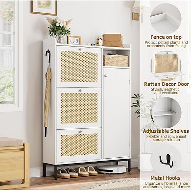 Rattan Wooden Shoe Cabinet, Entryway Freestanding Shoe Storage Organizer Rack