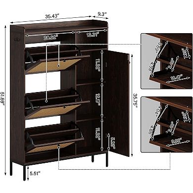 Rattan Wooden Shoe Cabinet, Entryway Freestanding Shoe Storage Organizer Rack