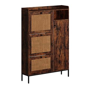 Rattan Wooden Shoe Cabinet, Entryway Freestanding Shoe Storage Organizer Rack