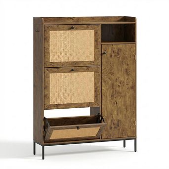 Rattan Wooden Shoe Cabinet, Entryway Freestanding Shoe Storage Organizer Rack