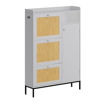 Rattan Wooden Shoe Cabinet, Entryway Freestanding Shoe Storage Organizer Rack