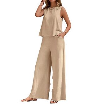 Women's Loose Fitting Round Neck Short Sleeved Top, Wide Leg Pants, Business Casual Suit