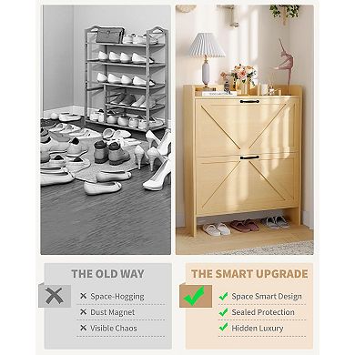 Shoe Storage Organizer with 2 Flip Drawers, Rustic Farmhouse Slim Freestanding Shoe Cabin