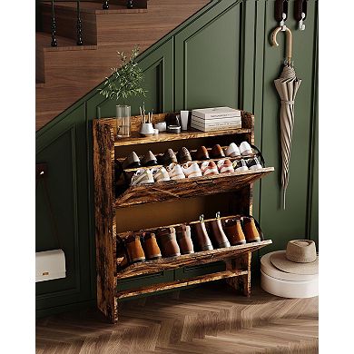 Shoe Storage Organizer with 2 Flip Drawers, Rustic Farmhouse Slim Freestanding Shoe Cabin