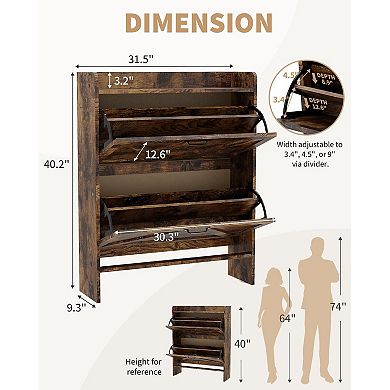 Shoe Storage Organizer with 2 Flip Drawers, Rustic Farmhouse Slim Freestanding Shoe Cabin