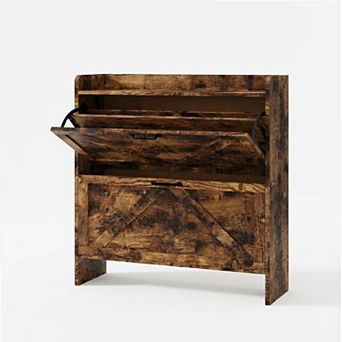 Shoe Storage Organizer with 2 Flip Drawers, Rustic Farmhouse Slim Freestanding Shoe Cabin