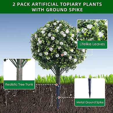 2pcs Artificial Topiary Flower Tree with Metal Spike,Rose Flowers,Metal Stakes for Outdoor