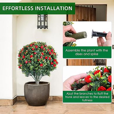 2pcs Artificial Topiary Flower Tree with Metal Spike,Rose Flowers,Metal Stakes for Outdoor