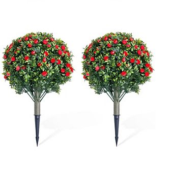 2 pc Artificial Topiary Flower Tree with Metal Spike,Rose Flowers,Metal Stakes for Outdoor