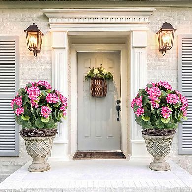2pcs Artificial Topiary Ball Trees with Metal Stakes,UV-Resistant PE Fake Plants with Begonia Flower