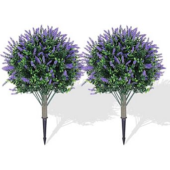 2 Artificial Lavender Topiary Ball Trees, UV Resistant Faux Boxwood Bushes with Ground Spike