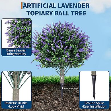 2 Artificial Lavender Topiary Ball Trees, UV Resistant Faux Boxwood Bushes with Ground Spike