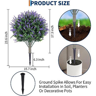 2 Artificial Lavender Topiary Ball Trees, UV Resistant Faux Boxwood Bushes with Ground Spike