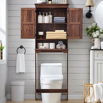 67" Over The Toilet Storage Cabinet, Farmhouse Bathroom Floor Cabinets with Adjustable Shelf & Door