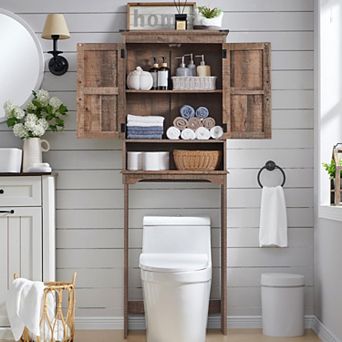 67" Over The Toilet Storage Cabinet, Farmhouse Bathroom Floor Cabinets with Adjustable Shelf & Door