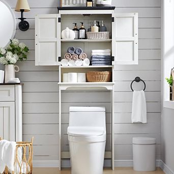 67" Over The Toilet Storage Cabinet, Farmhouse Bathroom Floor Cabinets with Adjustable Shelf & Door