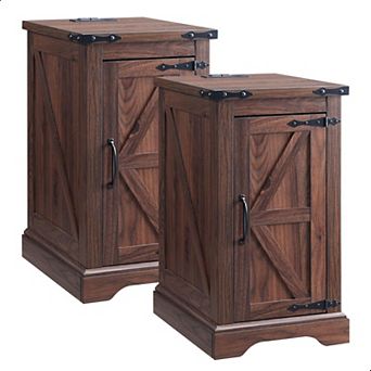 Nightstand Set of 2, Farmhouse End Table with Charging Station & Barn Door, Wood Bedside Table
