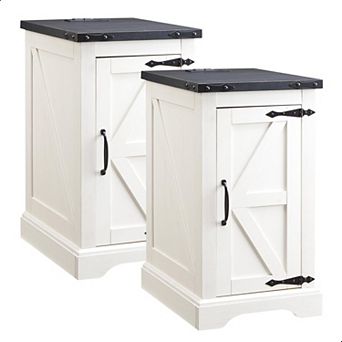 Nightstand Set of 2, Farmhouse End Table with Charging Station & Barn Door, Wood Bedside Table