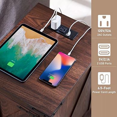 Farmhouse Nightstand with Charging Station & Barn Door & Adjustable Shelf, Rustic Sofa Side Table