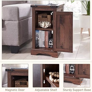 Farmhouse Nightstand with Charging Station & Barn Door & Adjustable Shelf, Rustic Sofa Side Table