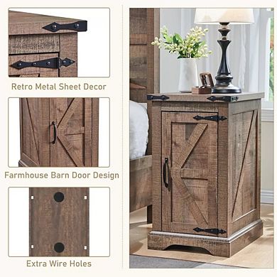 Farmhouse Nightstand with Charging Station & Barn Door & Adjustable Shelf, Rustic Sofa Side Table