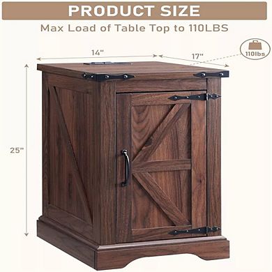 Farmhouse Nightstand with Charging Station & Barn Door & Adjustable Shelf, Rustic Sofa Side Table