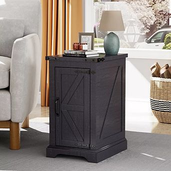 Farmhouse Nightstand with Charging Station & Barn Door & Adjustable Shelf, Rustic Sofa Side Table