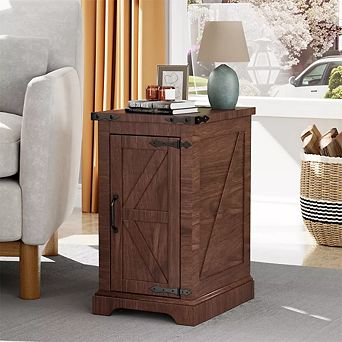 Farmhouse Nightstand with Charging Station & Barn Door & Adjustable Shelf, Rustic Sofa Side Table