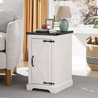 Farmhouse Nightstand with Charging Station & Barn Door & Adjustable Shelf, Rustic Sofa Side Table