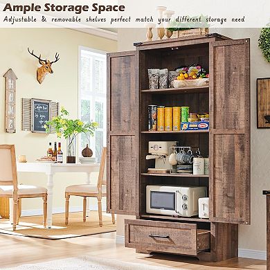 Kitchen Pantry Cabinet, 72" Farmhouse Tall Wood Kitchen Storage Cabinets with Adjustable Shelves
