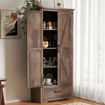 Kitchen Pantry Cabinet, 72" Farmhouse Tall Wood Kitchen Storage Cabinets with Adjustable Shelves