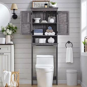 67" Over The Toilet Storage Cabinet, Farmhouse Bathroom Floor Cabinets with Adjustable Shelf & Door