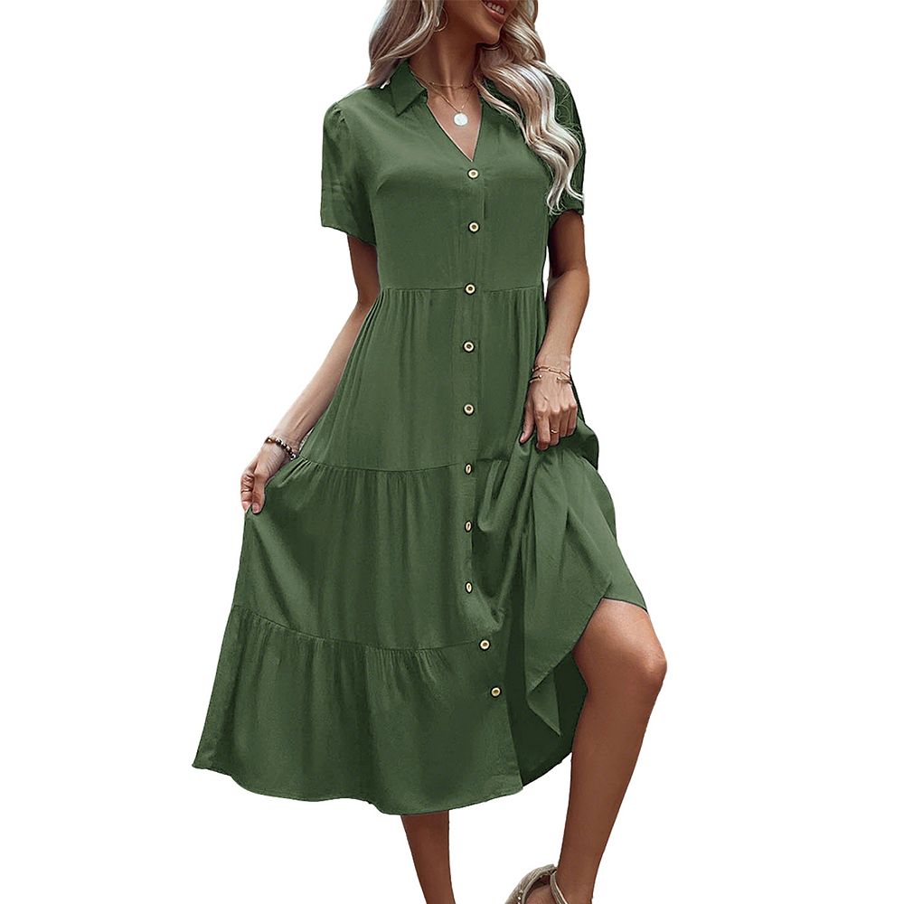 Women's Short Sleeve Shirt Dress Button Front Tiered Ruffle Hem Casual ...