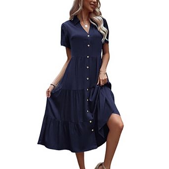 Women's Short Sleeve Shirt Dress Button Front Tiered Ruffle Hem Casual Summer Midi Dress
