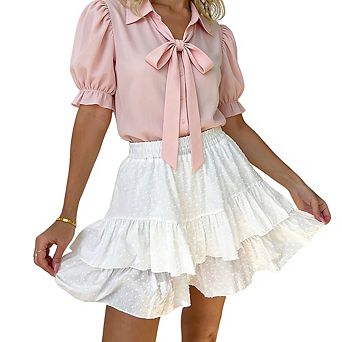 Women Polka Dot Tiered Ruffle Skorts Smocked Waist Double-Layer Casual Mini Skirt