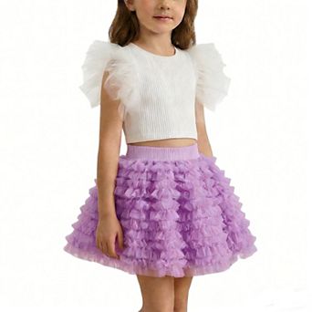 Girls' Two Piece Outfit Tulle Puff Sleeve Knit Top & Ruffle Tutu Skirt Set for Parties & Casual Wear