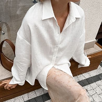 Women's Loose-Fit Linen Long Sleeve Shirt Button-Down Casual Layering Shirt