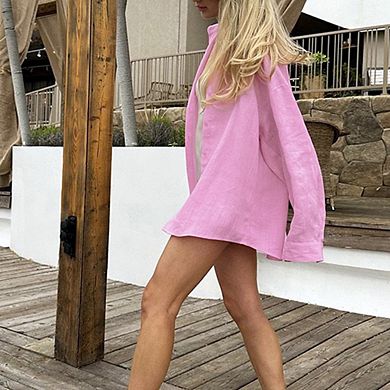 Women's Loose-Fit Linen Long Sleeve Shirt Button-Down Casual Layering Shirt