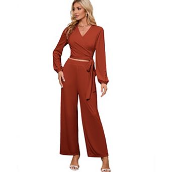 Women's 2 pc Outfits Long Sleeve V Neck Wrap Tie Knot Crop Tops Wide Leg Pants Set