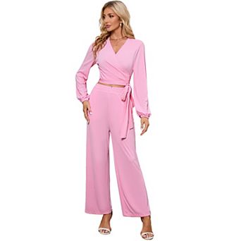 Women's 2 pc Outfits Long Sleeve V Neck Wrap Tie Knot Crop Tops Wide Leg Pants Set
