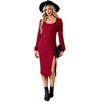 Women Dress Set Sleeveless Side Slit Bodycon Camisole Knitted Dress and Crop Cardigan Suit