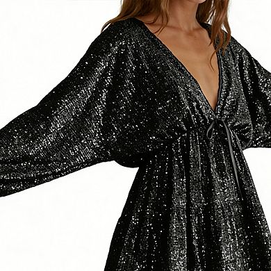 Women's Deep V Neck Long Sleeve Sequin Self Tie Waist Flowy Evening Mini Party Dress