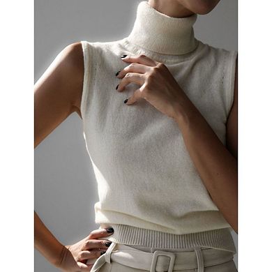 Women Elegant Turtleneck Sweater Vest Casual Solid Sleeveless High Neck Knit Pullover Tank Top