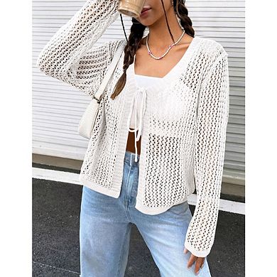 Womens Crochet Tie Front Shrug Sweater Long Sleeves Lightweight Knit Boho Cardigan Tops