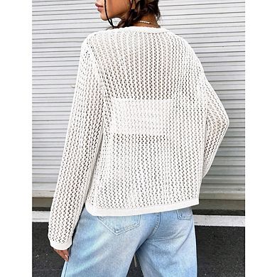 Womens Crochet Tie Front Shrug Sweater Long Sleeves Lightweight Knit Boho Cardigan Tops