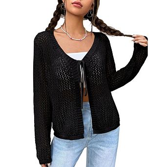 Womens Crochet Tie Front Shrug Sweater Long Sleeves Lightweight Knit Boho Cardigan Tops